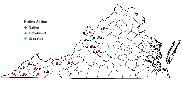 Locations ofCardamine diphylla (Michaux) A. Wood in Virginia