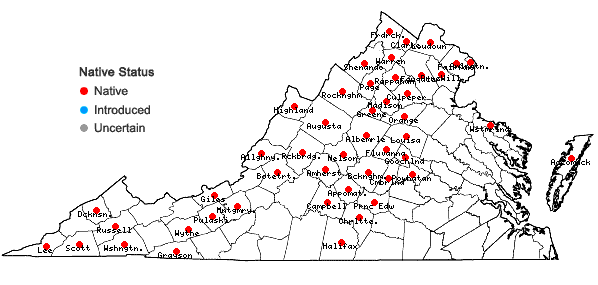 Locations ofCarex aggregata Mackenzie in Virginia