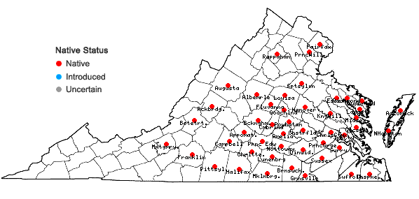 Locations ofCarex crinita Lam. var. brevicrinis Fernald in Virginia