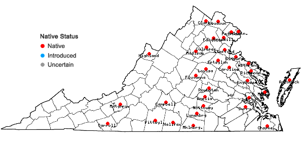 Locations ofCarex crinita Lam. var. crinita in Virginia