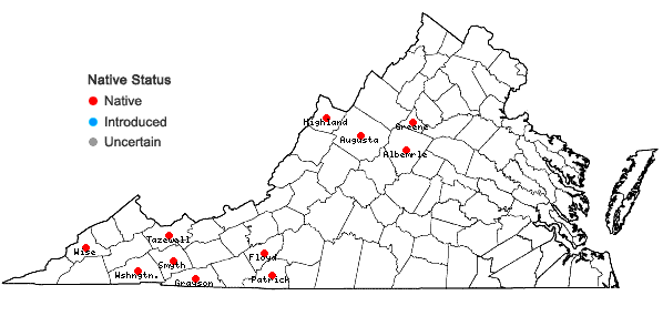 Locations ofCarex roanensis F.J. Hermann in Virginia