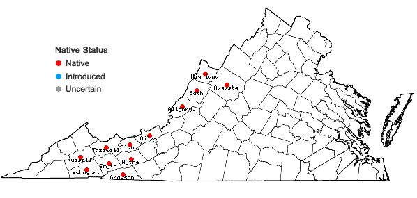 Locations ofDryopteris campyloptera (Kunze) Clarkson in Virginia