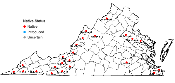 Locations ofEriophorum virginicum L. in Virginia