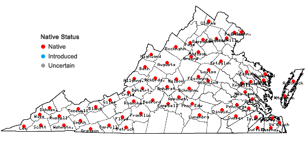 Locations ofFrullania asagrayana Montagne in Virginia
