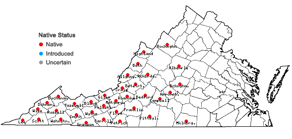 Locations ofHeuchera villosa Michaux in Virginia