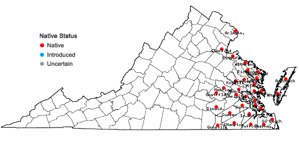 Locations ofHydrocotyle verticillata Thunb. in Virginia