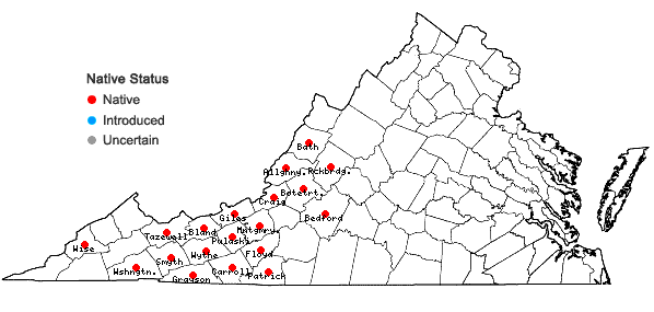 Locations ofHydrophyllum virginianum L. var. atranthum (E.J. Alexander) Constance in Virginia
