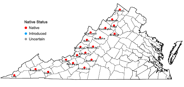 Locations ofLilium philadelphicum L. in Virginia