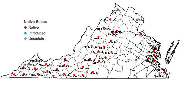 Locations ofMagnolia tripetala (L.) L. in Virginia