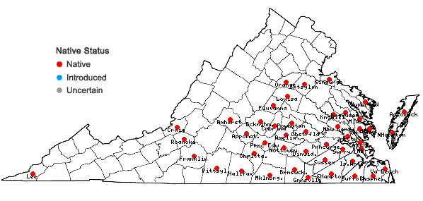 Locations ofPersicaria setacea (Baldw.) Small in Virginia