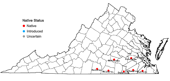 Locations ofPhlox nivalis Lodd. ex Sweet ssp. hentzii (Nutt.) Wherry in Virginia