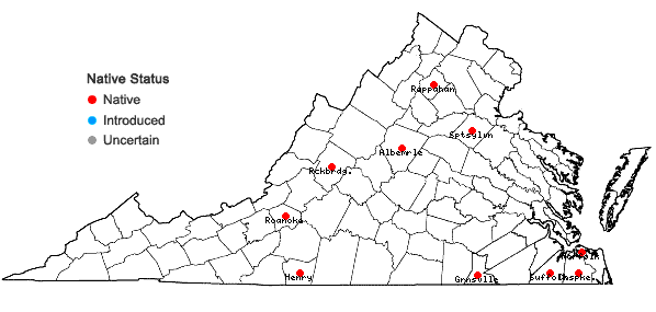 Locations ofPlagiochila appalachiana Inoue in Virginia
