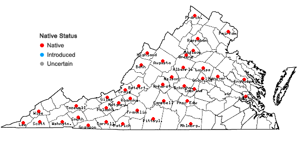 Locations ofPlagiochila porelloides (Torr. ex Nees) Lindenb. in Virginia
