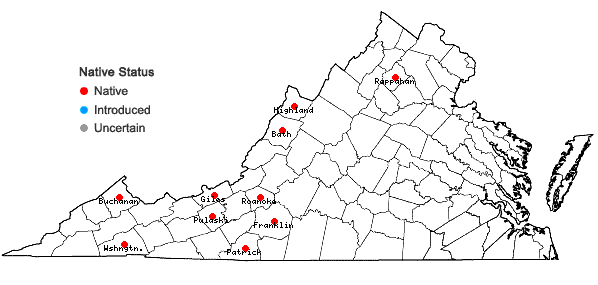 Locations ofPlagiochila virginica A. Evans in Virginia