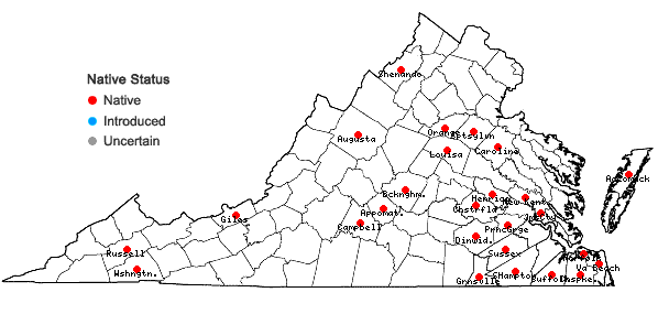 Locations ofPogonia ophioglossoides (L.) Ker-Gawl. in Virginia