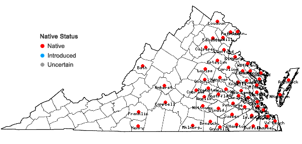 Locations ofPontederia cordata L. var. cordata in Virginia