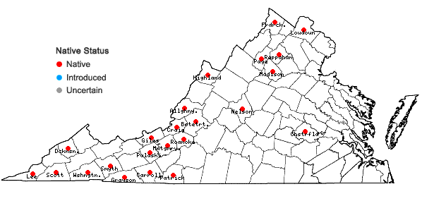 Locations ofRhabdoweisia crispata (Dicks. ex With.) Lindb. in Virginia