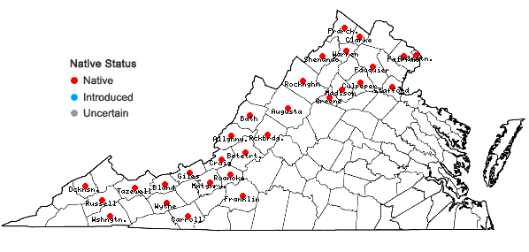 Locations ofSalix eriocephala Michx. in Virginia