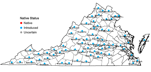 Locations ofSecurigera varia (L.) Lassen in Virginia