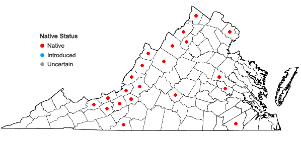 Locations ofSenega polygama (Walt.) J.F.B. Pastore & J.R. Abbott in Virginia