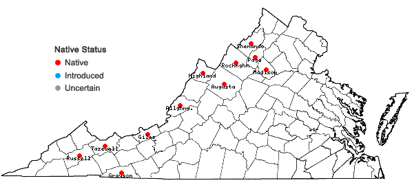 Locations ofSpinulum annotinum (L.) A. Haines in Virginia