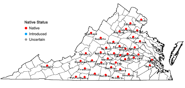 Locations ofTiarella cordifolia L. in Virginia