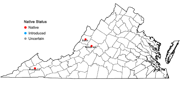 Locations ofTimmia megapolitana Hedw. ssp. megapolitana in Virginia