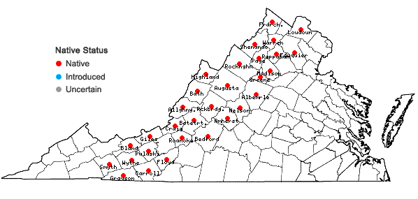 Locations ofTrientalis borealis Raf. in Virginia