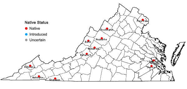 Locations ofTriphora trianthophora (Sw.) Rydb. ssp. trianthophora in Virginia