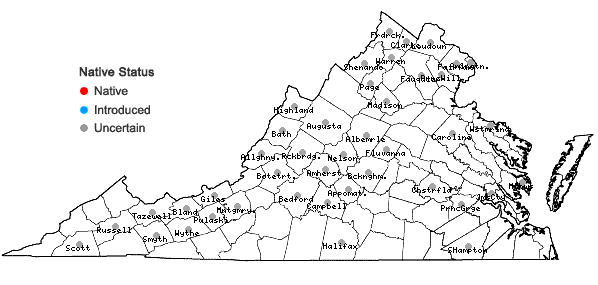Locations ofUrtica dioica L. + Urtica gracilis Ait. ssp. gracilis in Virginia