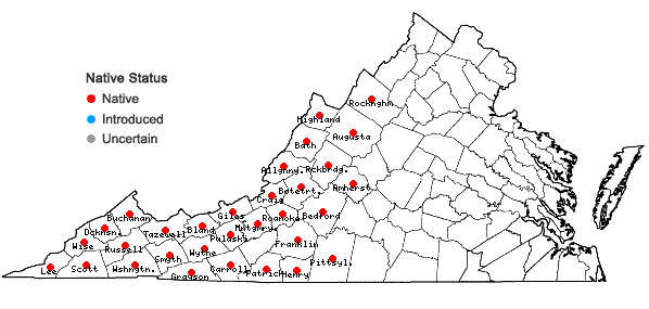 Locations ofViola hastata Michx. in Virginia