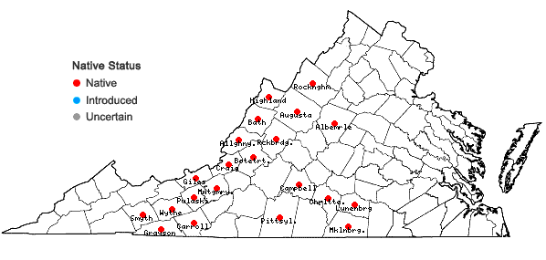 Locations ofWaldsteinia fragarioides (Michx.) Tratt. ssp. fragarioides in Virginia