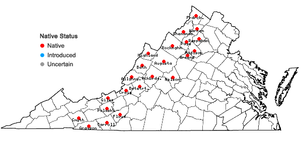 Locations ofWoodsia ilvensis (L.) R. Br. in Virginia