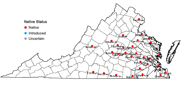 Locations ofAlopecurus carolinianus Walt. in Virginia