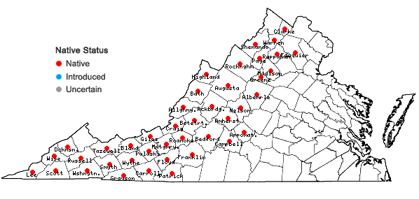 Locations ofAsclepias exaltata L. in Virginia