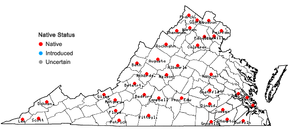 Locations ofAsclepias purpurascens L. in Virginia