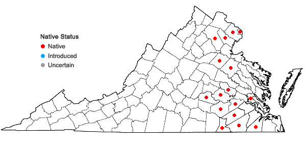 Locations ofAsclepias rubra L. in Virginia
