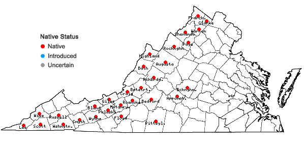 Locations ofAsplenium resiliens Kunze in Virginia