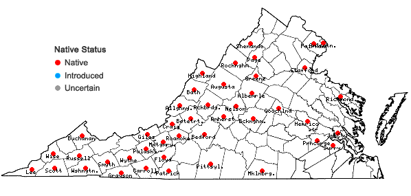 Locations ofAstragalus canadensis L. var. canadensis in Virginia