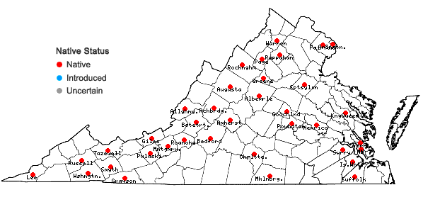 Locations ofBarbula unguiculata Hedwig in Virginia