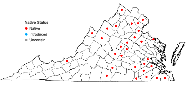 Locations ofCallitriche terrestris Raf. in Virginia