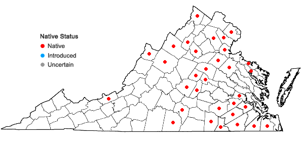 Locations ofCallitriche terrestris Raf. in Virginia