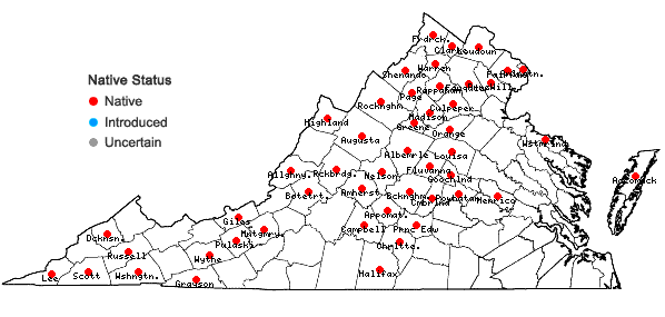 Locations ofCarex aggregata Mackenzie in Virginia