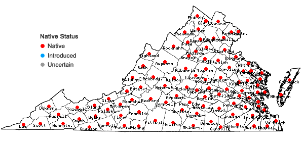 Locations ofCarex crinita Lam. in Virginia