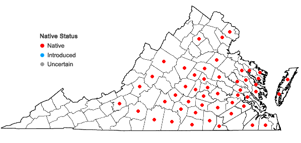 Locations ofCarex crinita Lam. var. brevicrinis Fernald in Virginia