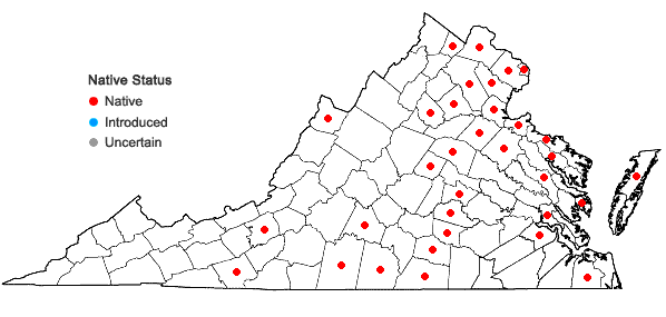 Locations ofCarex crinita Lam. var. crinita in Virginia