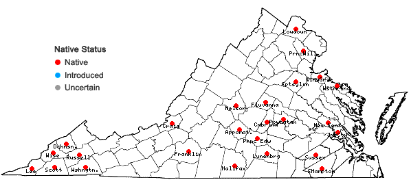 Locations ofCarex kraliana Naczi & Bryson in Virginia