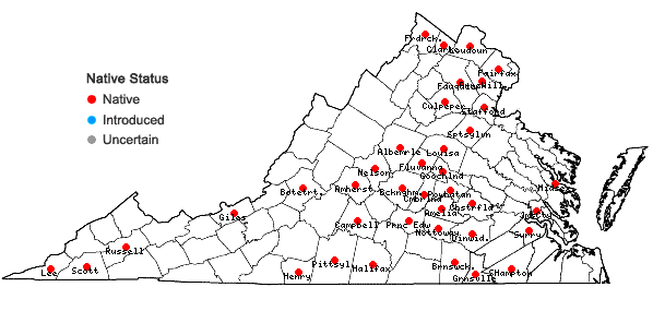 Locations ofCarex planispicata Naczi in Virginia