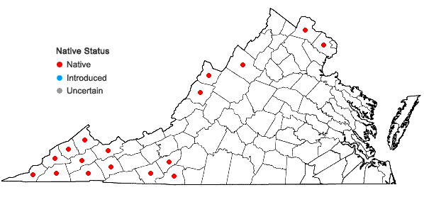 Locations ofCarex plantaginea Lam. in Virginia