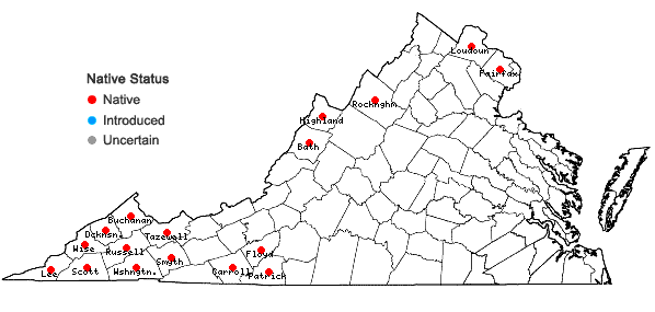 Locations ofCarex plantaginea Lam. in Virginia